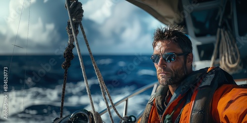 Bearded brutal handsome yacht owner in sunglasses on vessel deck looking forward in open ocean horizon while deep sea tuna fishing. Bold seaman captivated by the endless horizon.