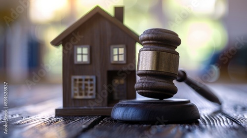 Online Foreclosure Auction: A gavel and house model illustrate the dynamics of e-commerce in real estate, highlighting the legal and bidding processes.