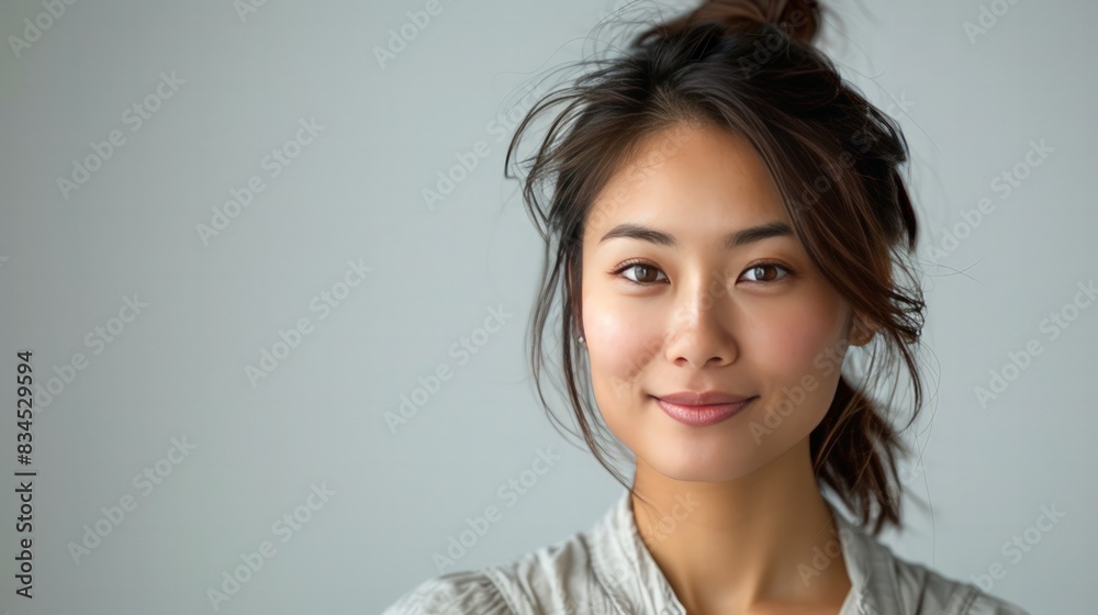 Cute Asian Woman in Casual Wear: Illustrate a close-up of a cute Asian woman wearing casual clothing, looking directly at the camera with a bright smile. Cute Asian Woman in Casual Wear: Illustrate a close-up of a cute Asian woman wearing casual clothing, looking directly at the camera with a bright smile.