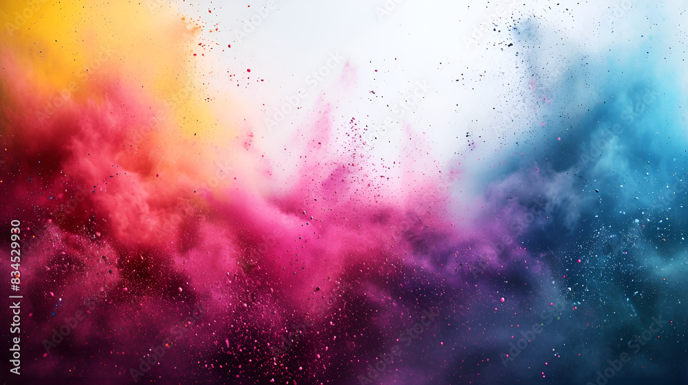 Obraz premium Colorful powder explosion on white background, vibrant hues blending together in a dynamic display.