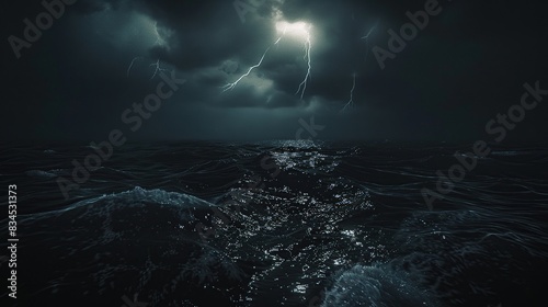 Eerie Waters, Dark Ocean Storm Illuminated by Lightning. Generative Ai