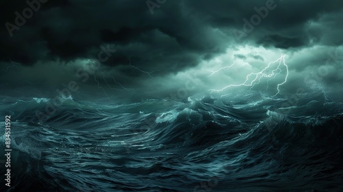 Eerie Waters, Dark Ocean Storm Illuminated by Lightning. Generative Ai