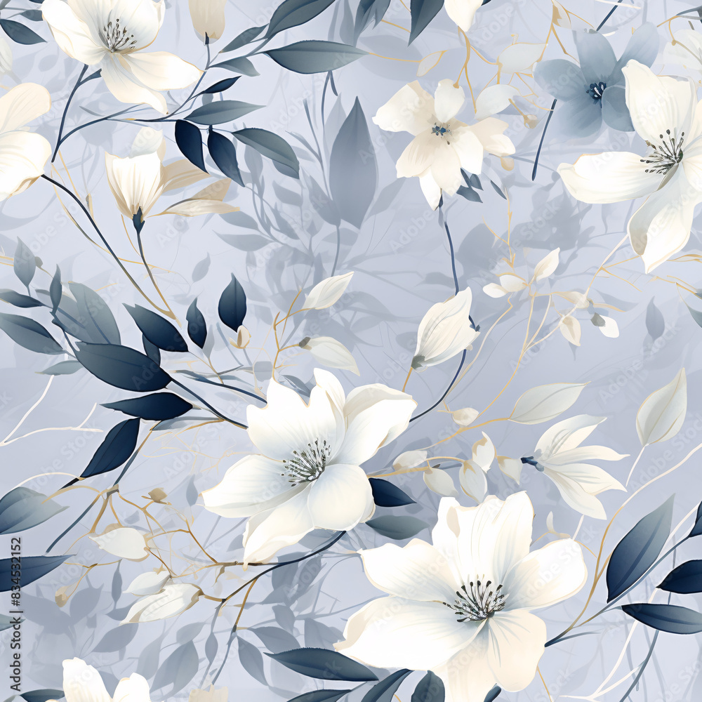 Fototapeta premium Elegant seamless pattern featuring delicate wildflowers and leaves in clean tones, intertwined with water and ink color effects, creating a luxury design