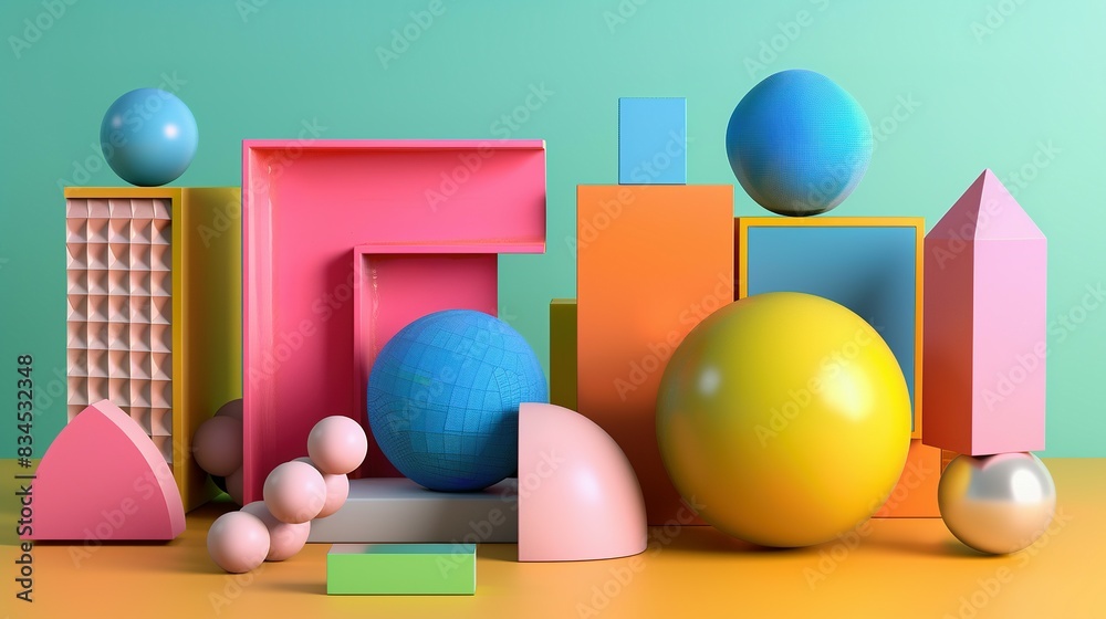 Set of Dynamic Colorful Geometric Shapes, 3D Render Set of Dynamic Colorful Geometric Shapes, 3D Render