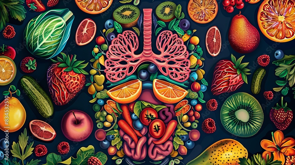 Vibrant anatomical illustration with fruits and vegetables as human organs, detailed edible anatomy artwork, health and nutrition concept, Triadic color scheme Vibrant anatomical illustration with fruits and vegetables as human organs, detailed edible anatomy artwork, health and nutrition concept, Triadic color scheme