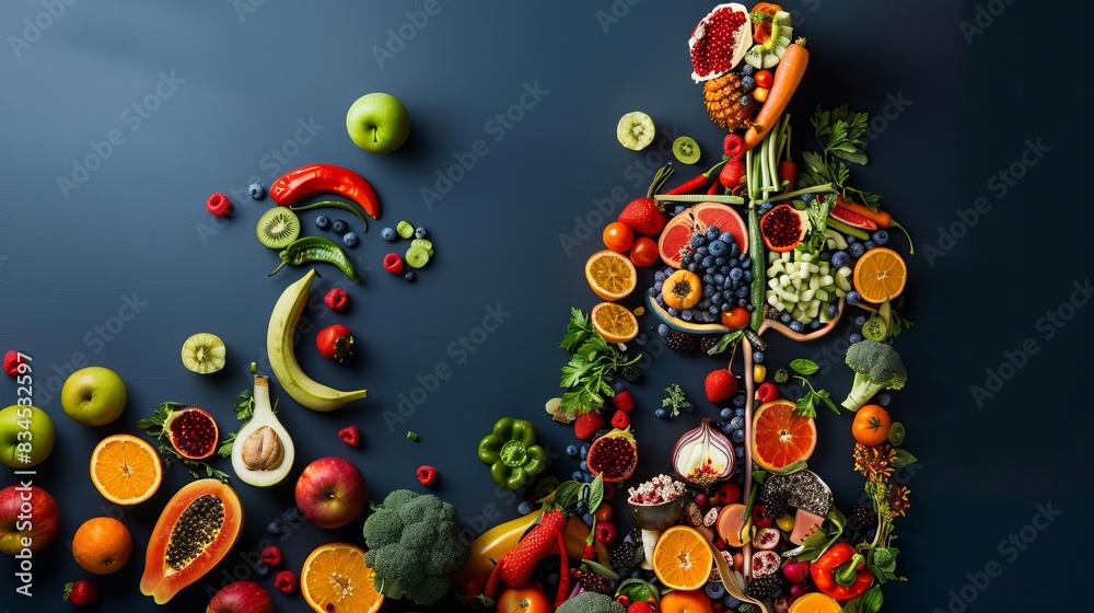 A colorful human body made of fruits and vegetables, with the dark blue background. Concept symbolizes health, balance between man's wellbeing and eating healthy food in the style of healthy living A colorful human body made of fruits and vegetables, with the dark blue background. Concept symbolizes health, balance between man's wellbeing and eating healthy food in the style of healthy living