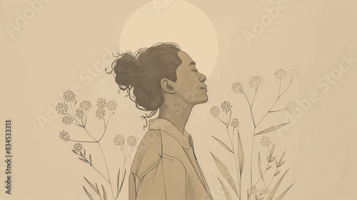 Biblical Illustration of Psalms 65: Psalm of praise for God's provision, celebrating His care for creation, abundance of blessings, answering of prayer, Beige Background, copyspace photo