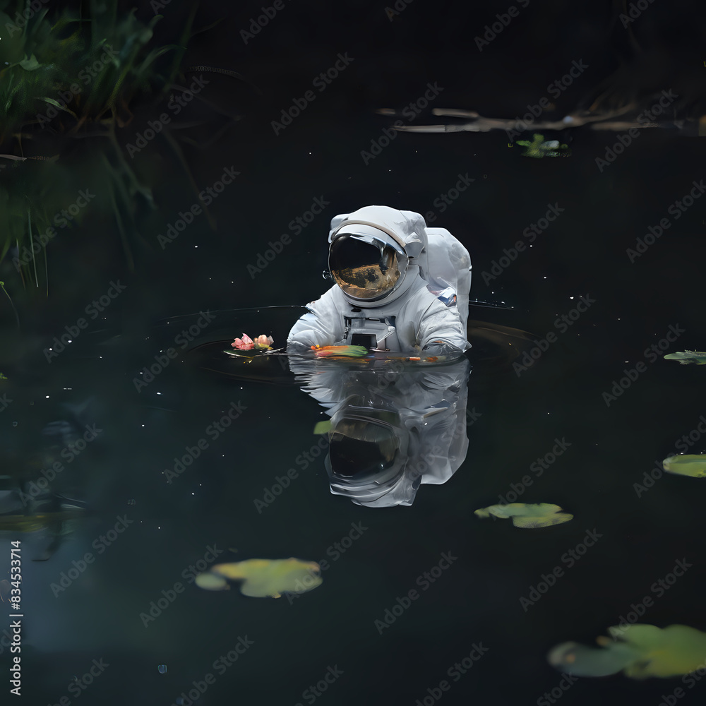 Fototapeta premium a small astronaut floating in a pond with a flower