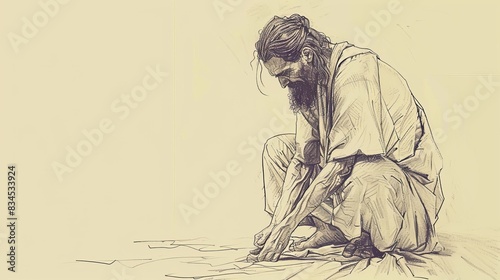 Biblical Illustration of Psalms 51: David's prayer of repentance after sin with Bathsheba, seeking God's mercy, cleansing, restoration of right spirit, Beige Background, copyspace photo