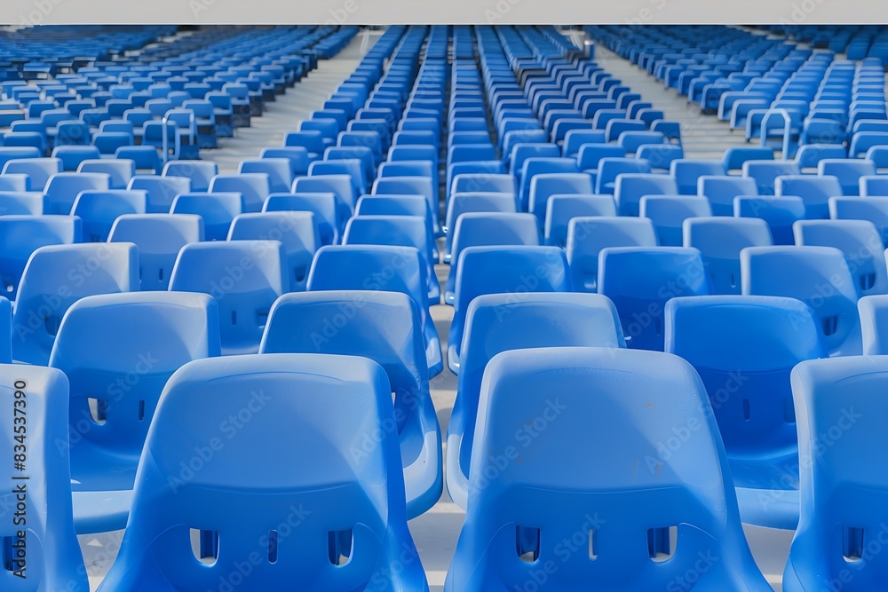 Fototapeta premium rows of empty blue stadium seats, symmetric perspective, high detail, no people, sports arena vibe.