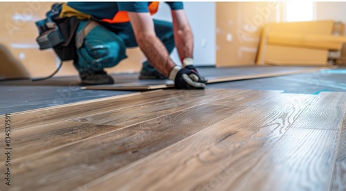 Worker installing wood laminate flooring