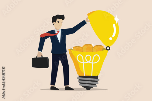 Make money idea, innovation or investment to make profit concept, smart businessman opened a light bulb idea and found a lot of money coins.