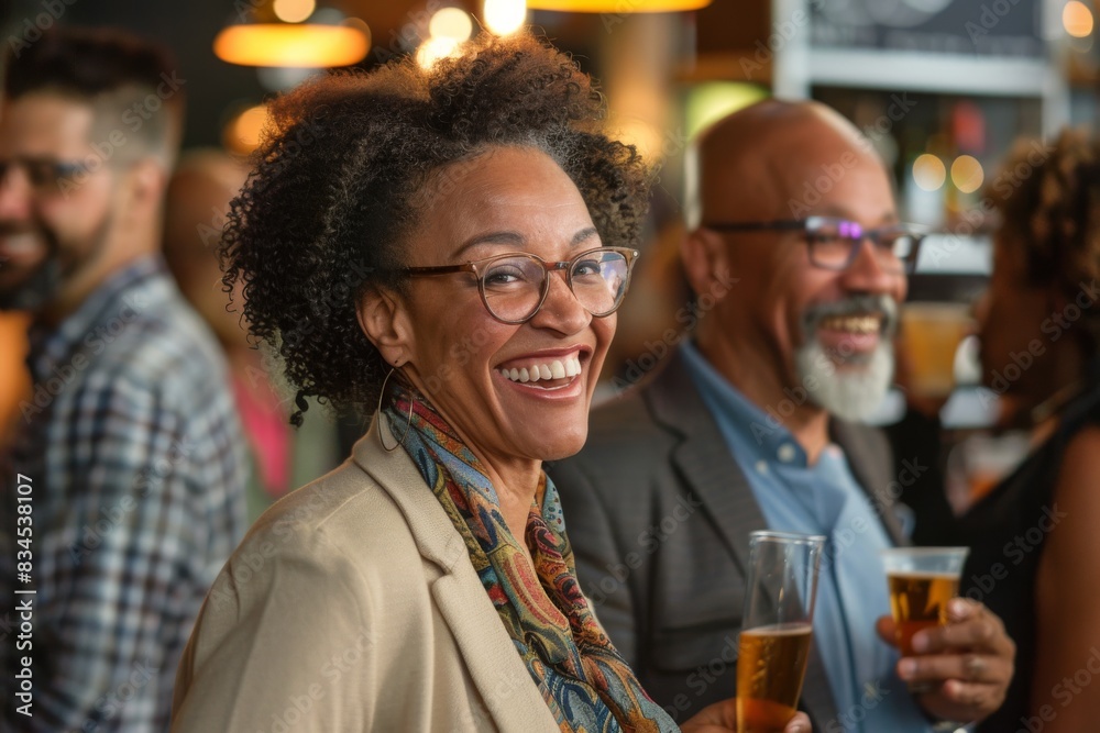 Portrait of cheerful african american woman with glasses smiling while drinking beer in bar