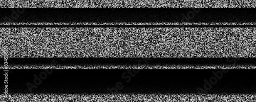 TV static noise texture. VHS video signal with black stripes, interferences or glitches. Glitched white noise background. Pixelated television screen backdrop grain for poster, banner. Vector