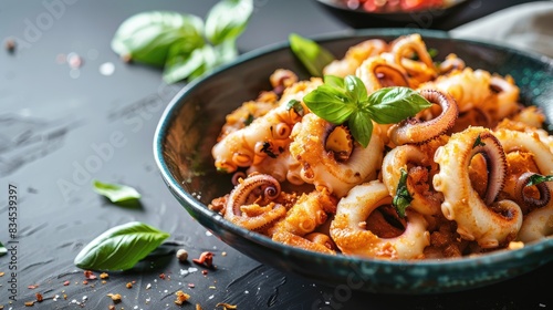 Squid cooked in a crispy batter with fragrant basil leaves