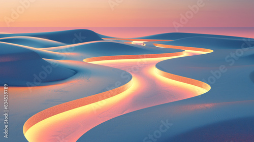 Fototapeta Naklejka Na Ścianę i Meble -  Paths of light in cartoonish 3D illustration, depicting abstract landscape, symbolizing intersection of free will and rational soundness