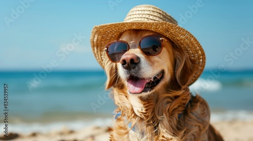 adorable dog dachshund, black and tan, sit sand at the beach sea on summer vacation holidays, wearing sunglasses and flower hawaiian.jpeg © AlimMahmud