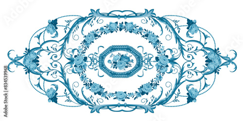 Intricate baroque frame with roses and pendant in blue color