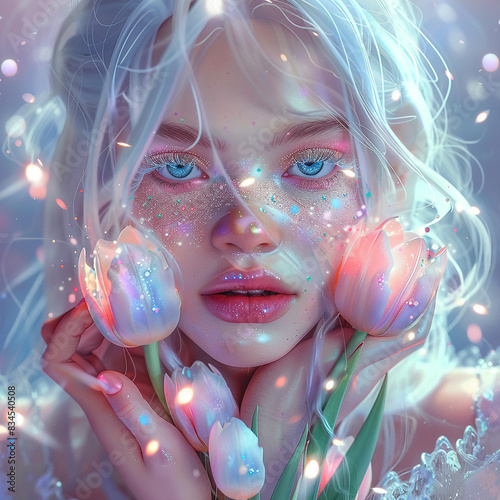 A girl with glitter makeup holds tulips in her hands
