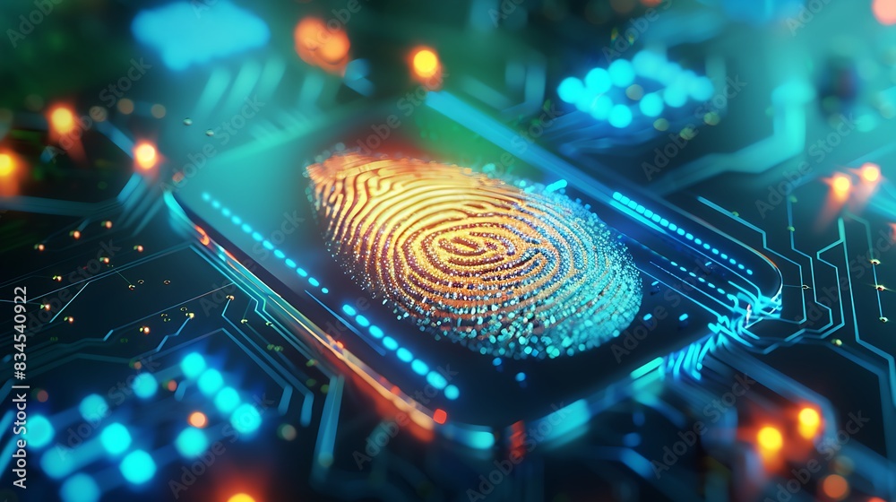 a glowing fingerprint on a futuristic digital interface with microchip circuits, high-tech security a glowing fingerprint on a futuristic digital interface with microchip circuits, high-tech security