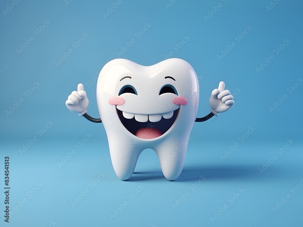 Happy tooth cartoon characters. Smiling 3D white tooth emoji on a blue background Happy tooth cartoon characters. Smiling 3D white tooth emoji on a blue background