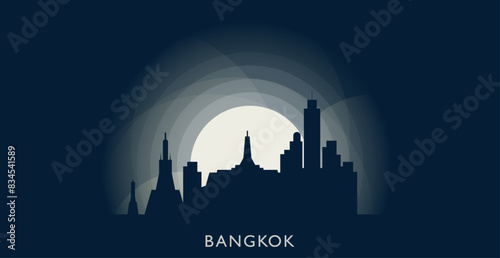 Bangkok cityscape skyline city panorama vector flat modern banner illustration. Thailand capital emblem idea with landmarks and building silhouettes at sunrise sunset night