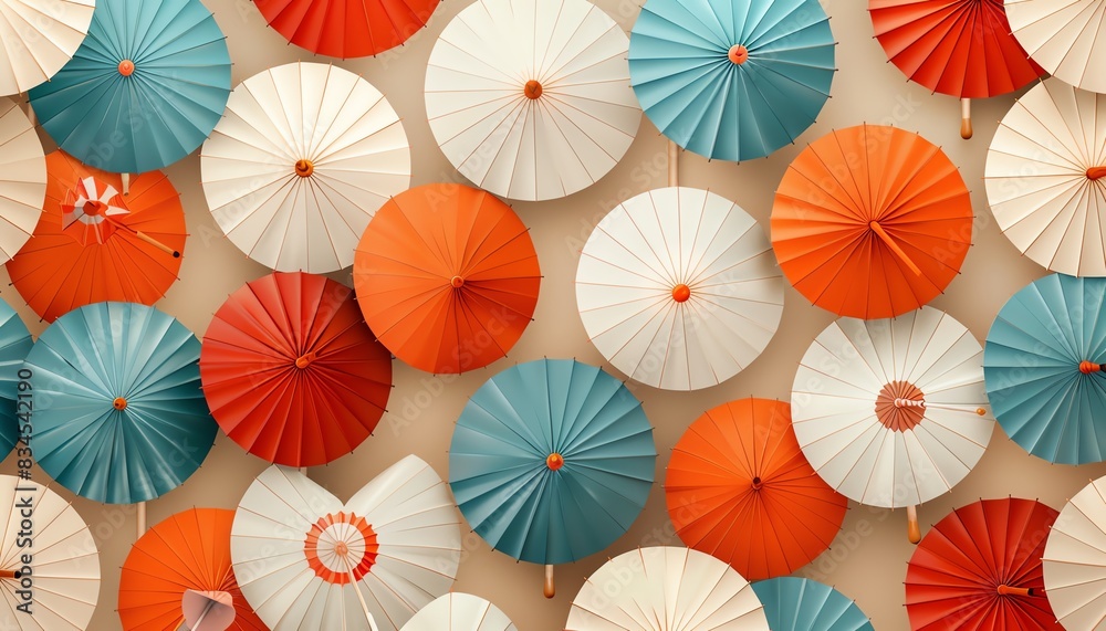 Vector illustration design of abstract seamless background, paper umbrellas pattern, fall season colors, turquoise blue, red orange, beige white, ideal for banners and posters Vector illustration design of abstract seamless background, paper umbrellas pattern, fall season colors, turquoise blue, red orange, beige white, ideal for banners and posters