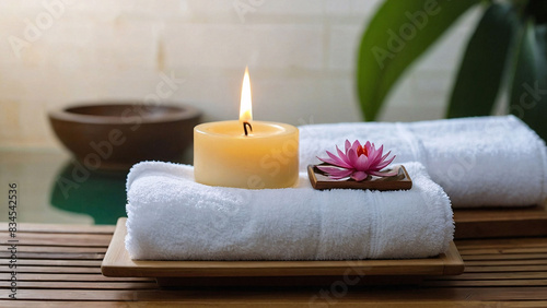 Spa background towel bathroom white luxury concept massage candle bath. Bathroom white wellness spa background towel relax aromatherapy flower accessory zen therapy aroma beauty setting table salt oi