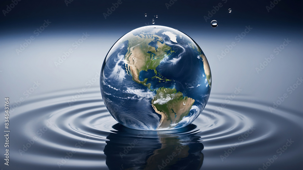 World environment day, A water droplet above a reflective water surface contains an image of the Earth, emphasizing the planet's continents and oceans World environment day, A water droplet above a reflective water surface contains an image of the Earth, emphasizing the planet's continents and oceans