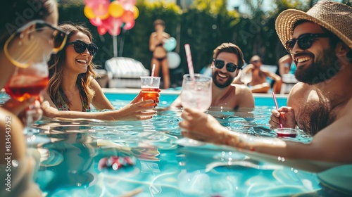 Friends enjoying a pool party with drinks, laughing and having fun under the sun. Summer vibes and relaxation captured perfectly.