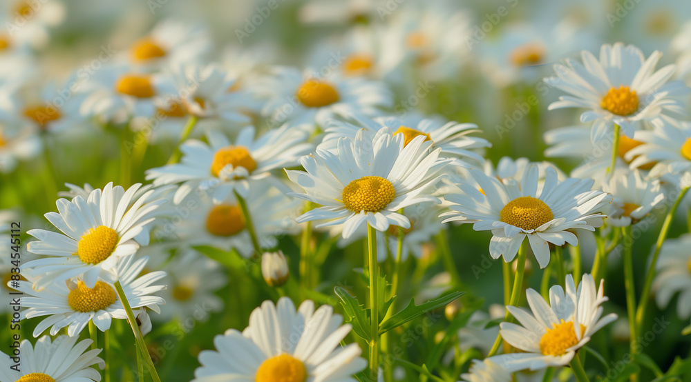 Fototapeta premium close-up of beautiful daisy in sunny day, sunlight shining on them