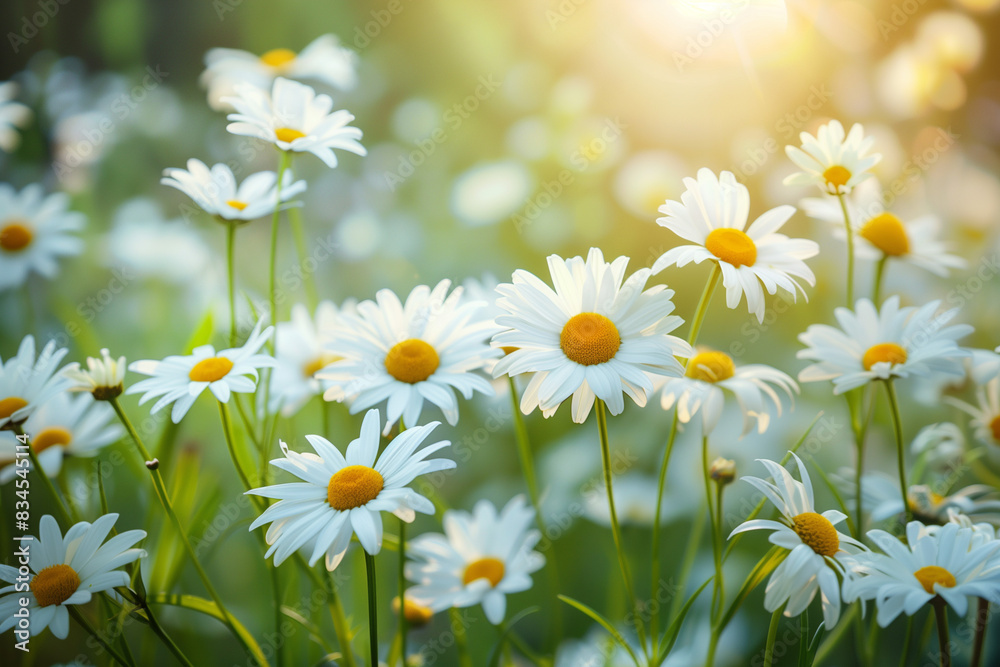 beautiful daisy flower field  blooming sunny day, sunlight shining on them