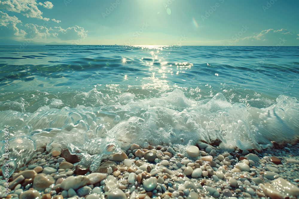 Naklejka premium beautiful landscape photo of a beach on a sunny day clear sea in a bright atmosphere has many waves 
