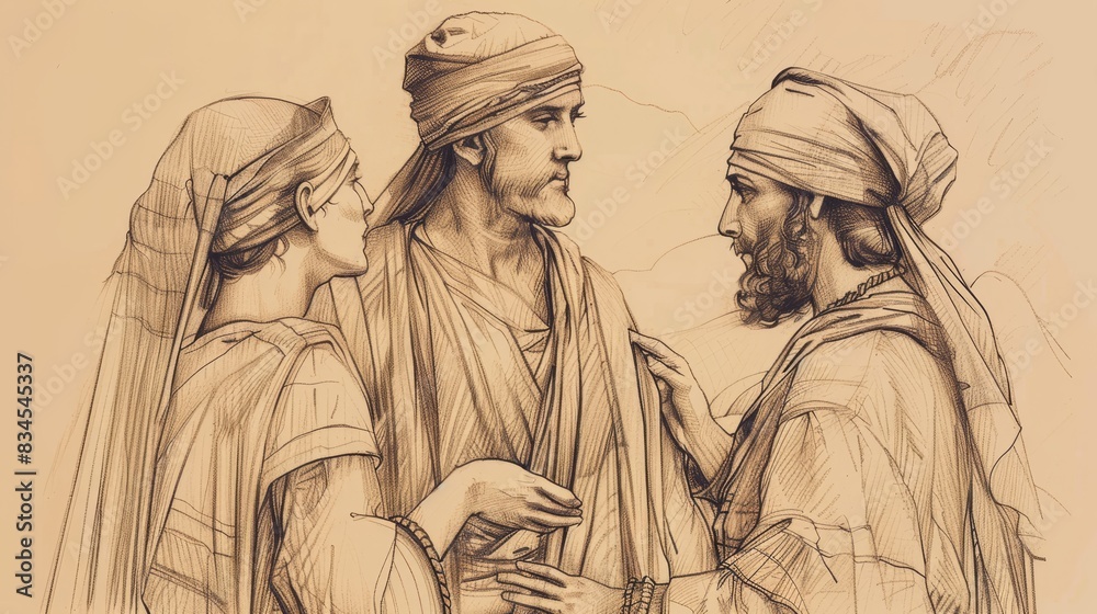 Biblical Illustration of Genesis 39: Joseph's Service in Potiphar's House, Rise to Authority, Imprisonment After False Accusation by Potiphar's Wife on Beige Background with Copyspace Biblical Illustration of Genesis 39: Joseph's Service in Potiphar's House, Rise to Authority, Imprisonment After False Accusation by Potiphar's Wife on Beige Background with Copyspace