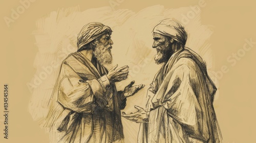 Biblical Illustration of Job 15: Eliphaz's second speech, accusing Job of undermining religion and wisdom, warning of consequences of wickedness, Beige Background, copyspace photo