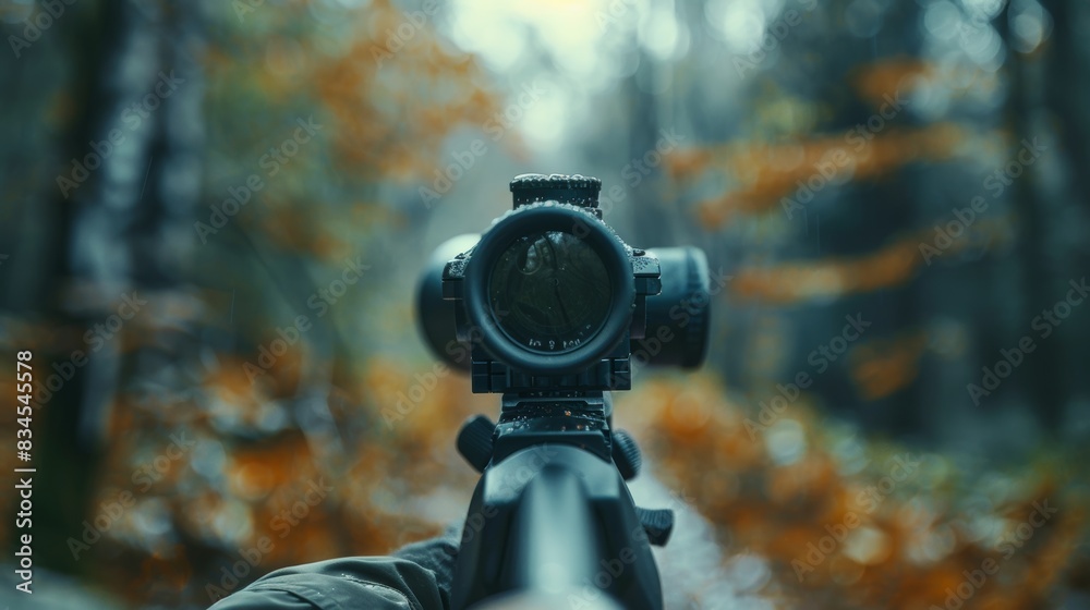 Close-up of a rifle with a telescopic sight aimed in the forest, capturing the detailed mechanisms and hunter's focus Close-up of a rifle with a telescopic sight aimed in the forest, capturing the detailed mechanisms and hunter's focus