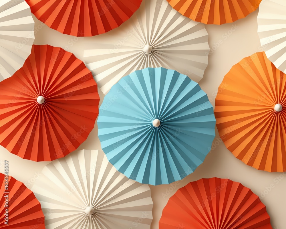 Autumn seamless background with abstract paper umbrellas, pattern vector illustration design, turquoise blue, red orange, beige white, ideal for banners and posters