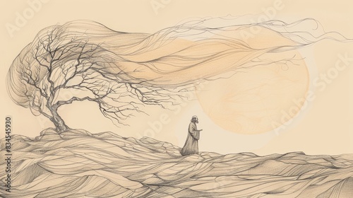 Biblical Illustration of Job 38: God's First Speech from Whirlwind, Questioning Job About Creation, Natural Order, Wisdom on Beige Background with Copyspace