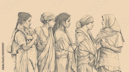 Biblical Illustration of Genesis 34: Dinah's Defilement by Shechem, Violent Retaliation by Brothers Simeon and Levi on Beige Background with Copyspace for Themes of Honor and Justice photo