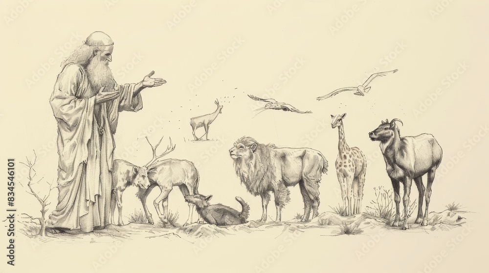 Obraz premium Biblical Illustration of Job 39: God's Continuation, Describing Animals, Highlighting Power and Wisdom in Creation, Questioning Job's Knowledge on Beige Background with Copyspace