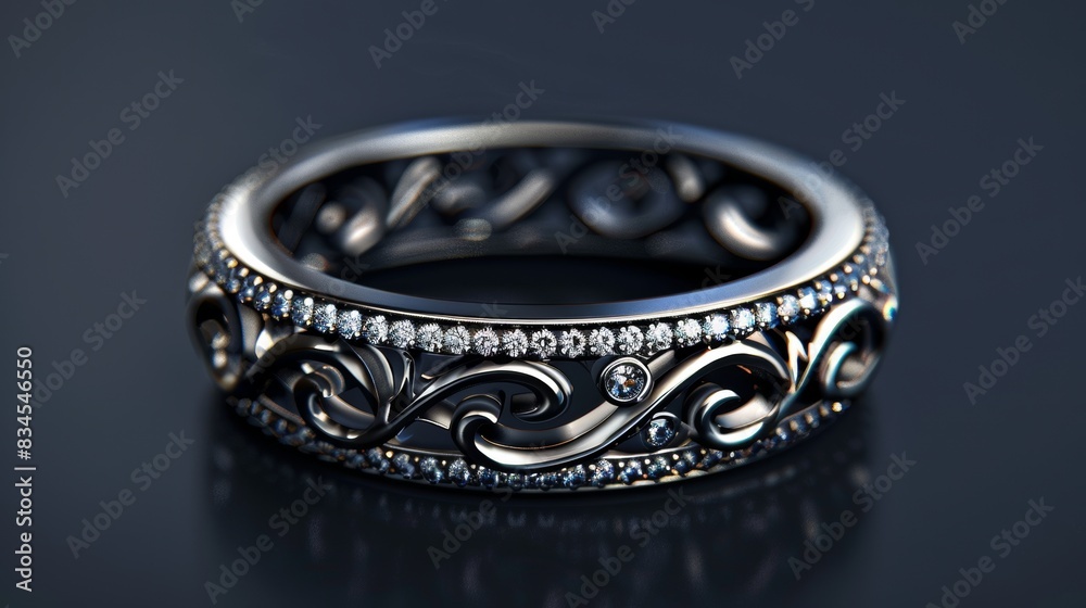 Close-up of a black gold diamond wedding band, highlighting the intricate design and sparkling diamonds, studio lighting Close-up of a black gold diamond wedding band, highlighting the intricate design and sparkling diamonds, studio lighting
