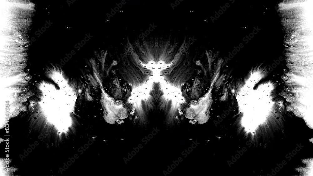 Black ink rorschach effect abstract background artistic flow splatter spots spills white paper beautiful reveal dripping streaks spread fluid ink alpha matte isolated watercolor ink drops transition	
