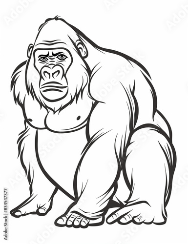 Gorilla Illustration  Printable Line Art Coloring Page  - Simple Patterns - Easy Coloring Pages - Vertical composition - Coloring Pages for All Ages  - Black and white