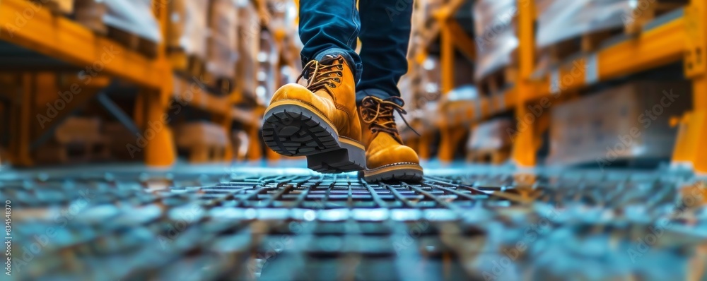 Closeup of the boots worn in the style of an employee in warehouse, walking on a metal walkway between racks. An extremely realistic photo