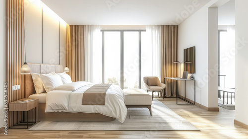 Serene hotel room interiors with natural light and warm tones. Hotel interior design composition with minimal decor.