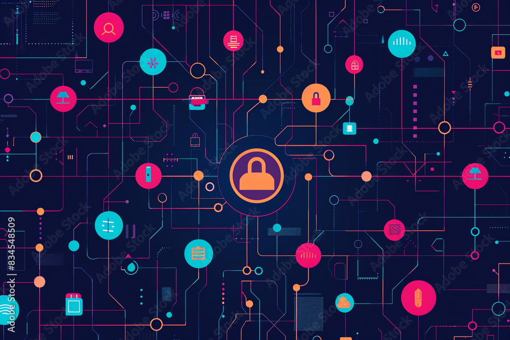 encrypted network nodes and connections flat design front view secure communication theme cartoon drawing Analogous Color Scheme. encrypted network nodes and connections flat design front view secure communication theme cartoon drawing Analogous Color Scheme.