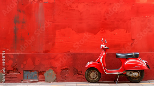 A vintage red scooter parked against a red wall