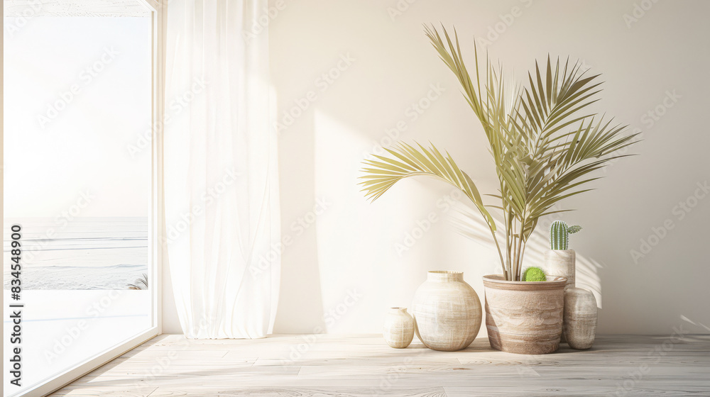 Serene hotel room interiors with natural light and warm tones. Hotel interior design composition with minimal decor.