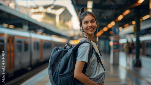 A beautiful woman with a backpack is waiting for the subway at the subway station. She is smiling and turning back with her headphones