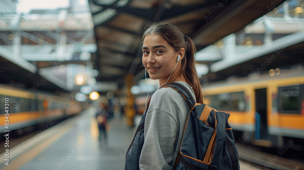 A beautiful woman with a backpack is waiting for the subway at the subway station. She is smiling and turning back with her headphones A beautiful woman with a backpack is waiting for the subway at the subway station. She is smiling and turning back with her headphones